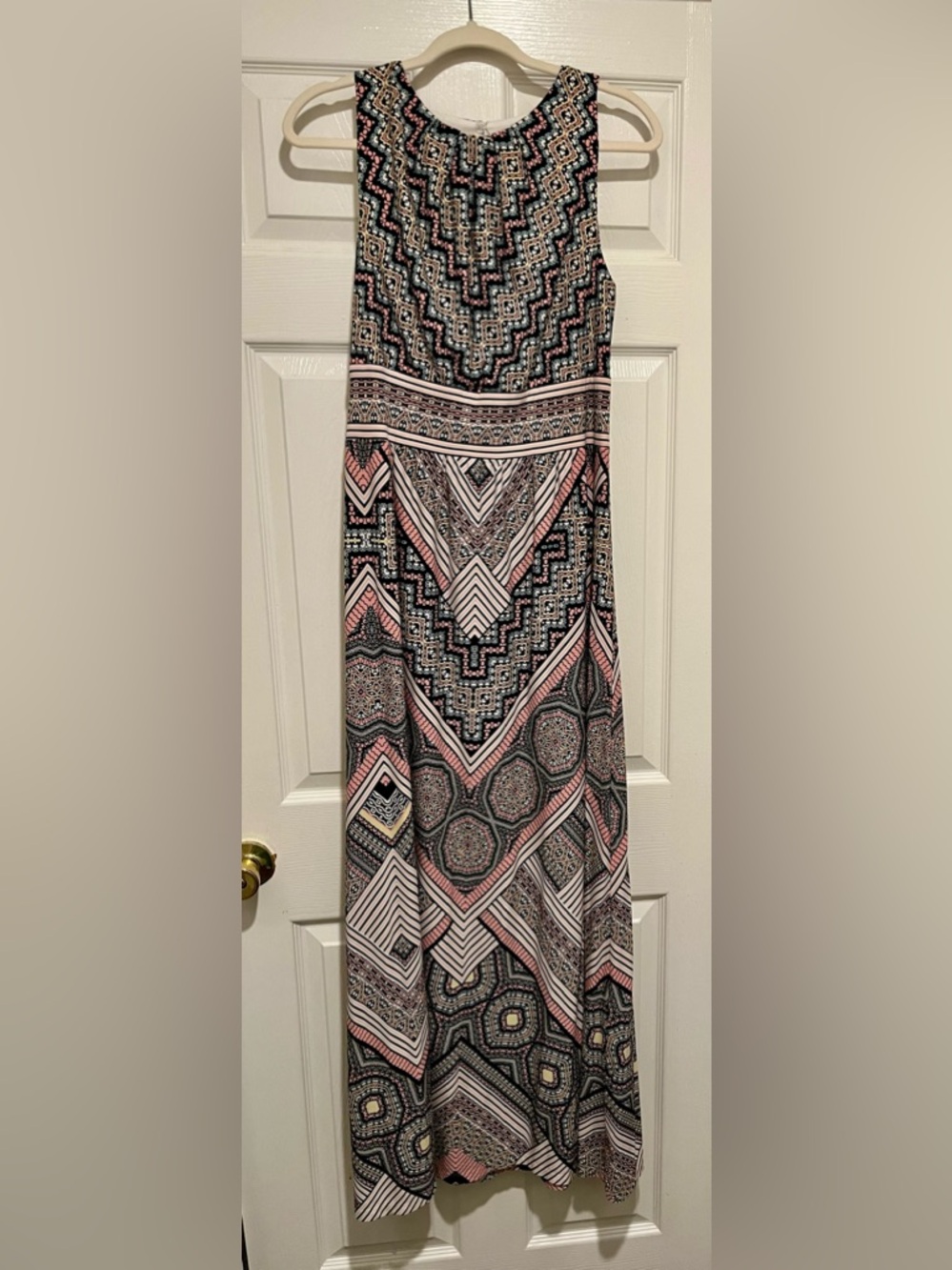 London Times Sleeveless Geo Print Maxi Dress in Navy & Pink (Women’s Size 14)